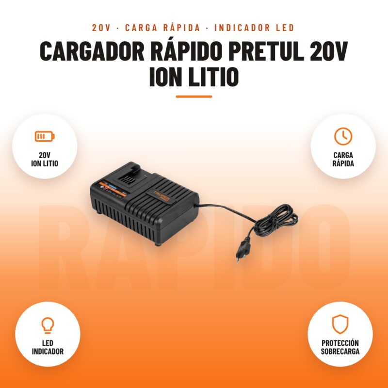 Cargador Rápido Pretul 20V Ion Litio: imagen promocional con 20v ion litio, carga rápida, led indicador, protección sobrecarga