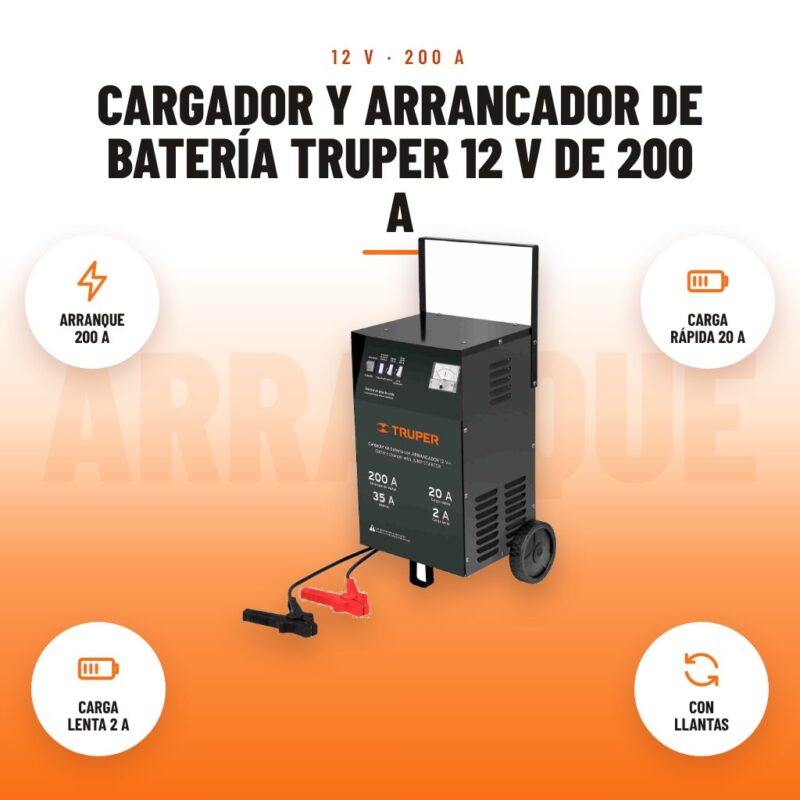 Cargador y Arrancador de Batería Truper 12 V de 200 A: imagen promocional con arranque 200 a, carga rápida 20 a, carga lenta 2 a, con llantas
