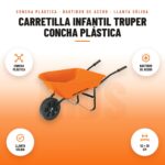 Carretilla Infantil Truper Concha Plástica: imagen promocional con concha plástica, bastidor de acero, llanta sólida, 52 × 38 cm