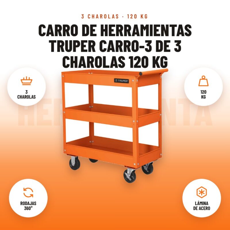 Carro de Herramientas Truper CARRO-3 de 3 Charolas 120 kg: imagen promocional con 3 charolas, 120 kg, rodajas 360°, lámina de acero