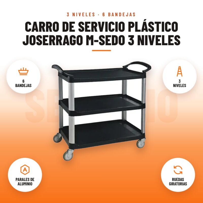 Carro de Servicio Plástico Joserrago M-SEDO 3 Niveles: imagen promocional con 6 bandejas, 3 niveles, parales de aluminio, ruedas giratorias