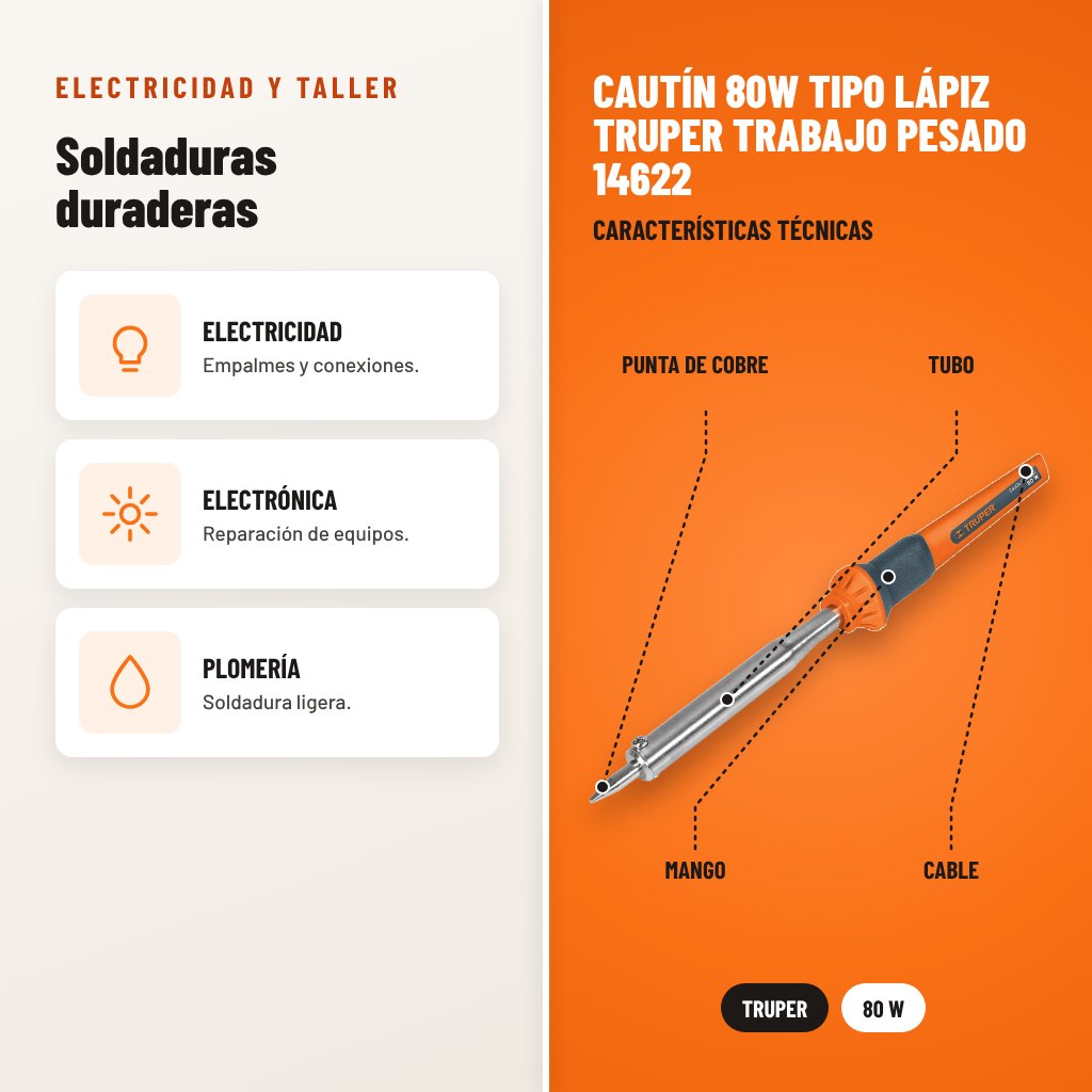 Cautín 80W Tipo Lápiz Truper Trabajo Pesado 14622: usos y características técnicas señaladas