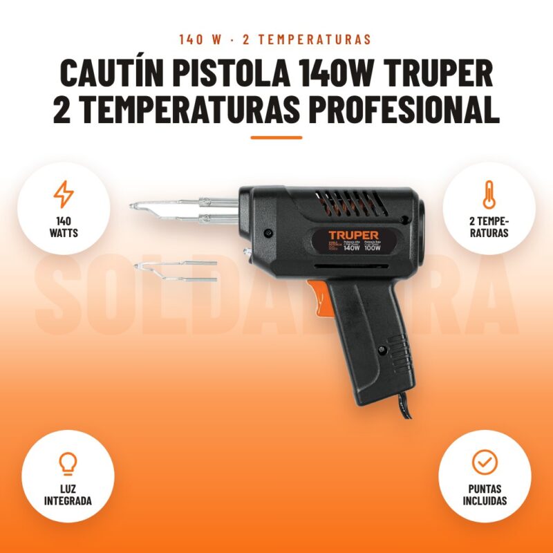 Cautín Pistola 140W Truper 2 Temperaturas Profesional: imagen promocional con 140 watts, 2 tempe- raturas, luz integrada, puntas incluidas