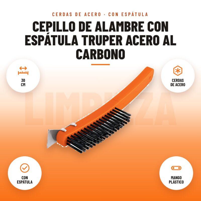 Cepillo de Alambre con Espátula Truper Acero al Carbono: imagen promocional con 30 cm, cerdas de acero, con espátula, mango plástico