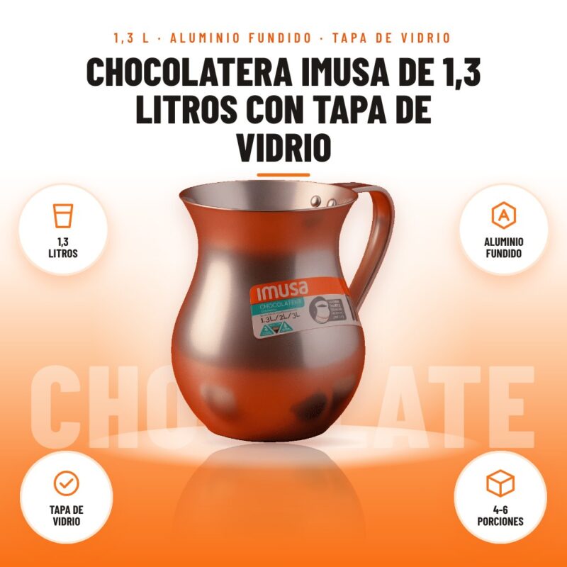 Chocolatera Imusa de 1,3 Litros con Tapa de Vidrio: imagen promocional con 1,3 litros, aluminio fundido, tapa de vidrio, 4-6 porciones