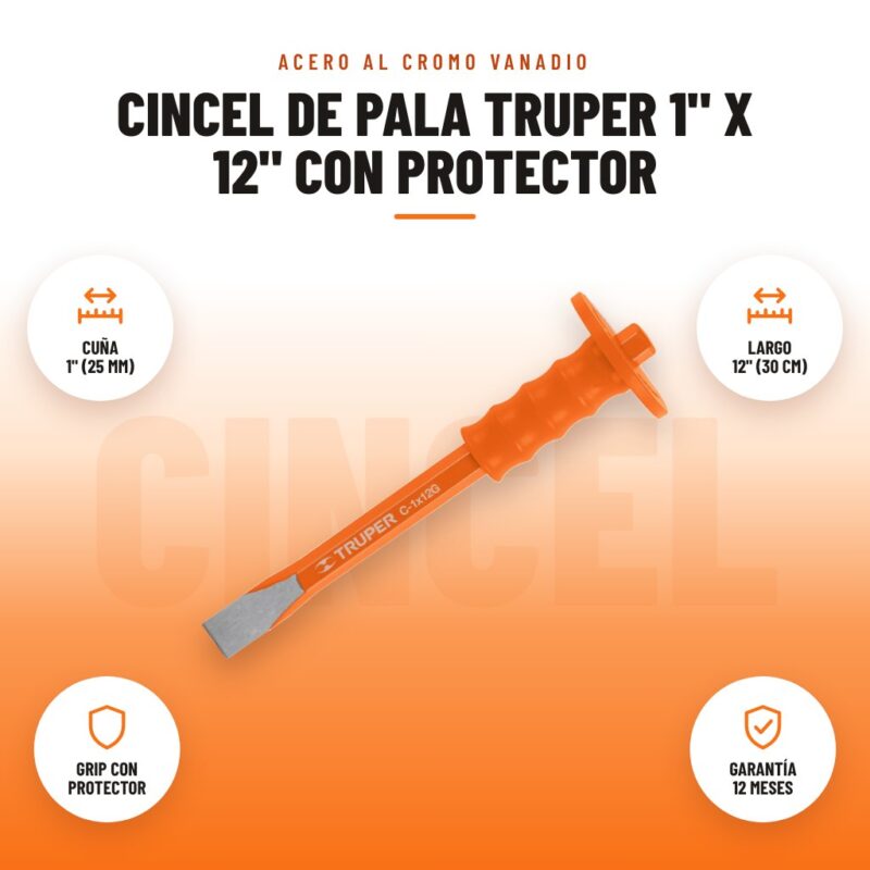 Cincel de Pala Truper 1" x 12" con Protector: imagen promocional con cuña 1" (25 mm), largo 12" (30 cm), grip con protector, garantía 12 meses
