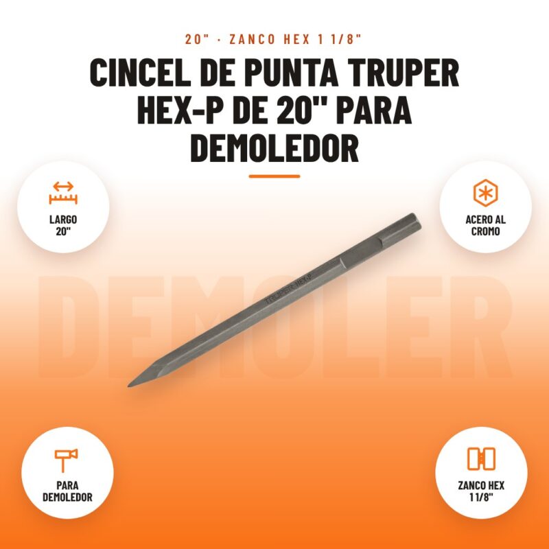 Cincel de Punta Truper Hex-P de 20" para Demoledor: imagen promocional con largo 20", acero al cromo, para demoledor, zanco hex 1 1/8"