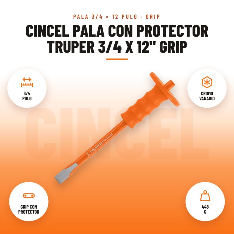 Cincel Pala con Protector Truper 3/4 x 12" Grip: imagen promocional con 3/4 pulg, cromo vanadio, grip con protector, 448 g