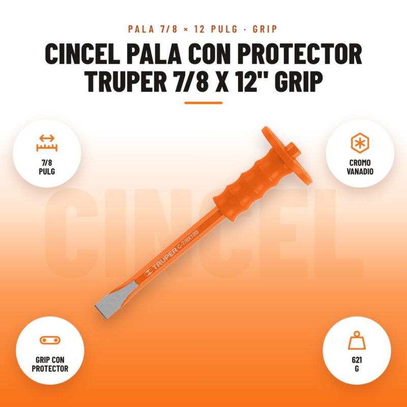Cincel Pala con Protector Truper 7/8 x 12" Grip: imagen promocional con 7/8 pulg, cromo vanadio, grip con protector, 621 g