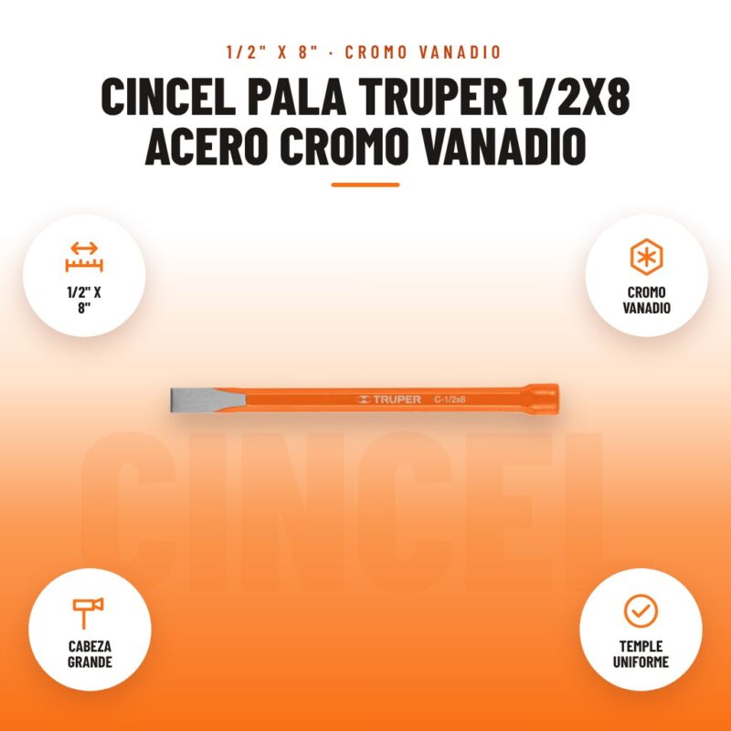 Cincel Pala Truper 1/2x8 Acero Cromo Vanadio: imagen promocional con 1/2" x 8", cromo vanadio, cabeza grande, temple uniforme