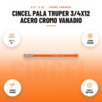 Cincel Pala Truper 3/4x12 Acero Cromo Vanadio: imagen promocional con 3/4" x 12", cromo vanadio, cabeza grande, temple uniforme