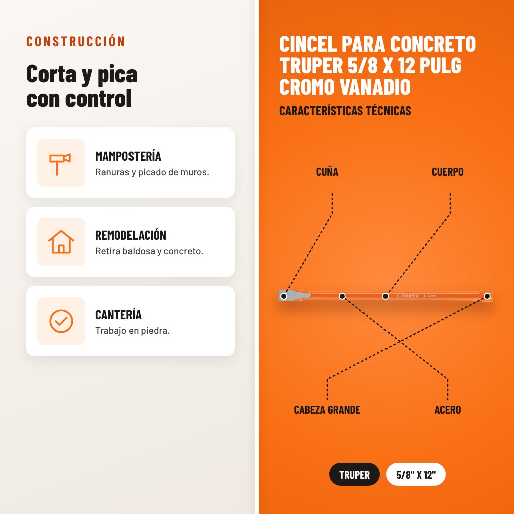 Cincel para Concreto Truper 5/8 x 12 Pulg Cromo Vanadio: usos y características técnicas señaladas