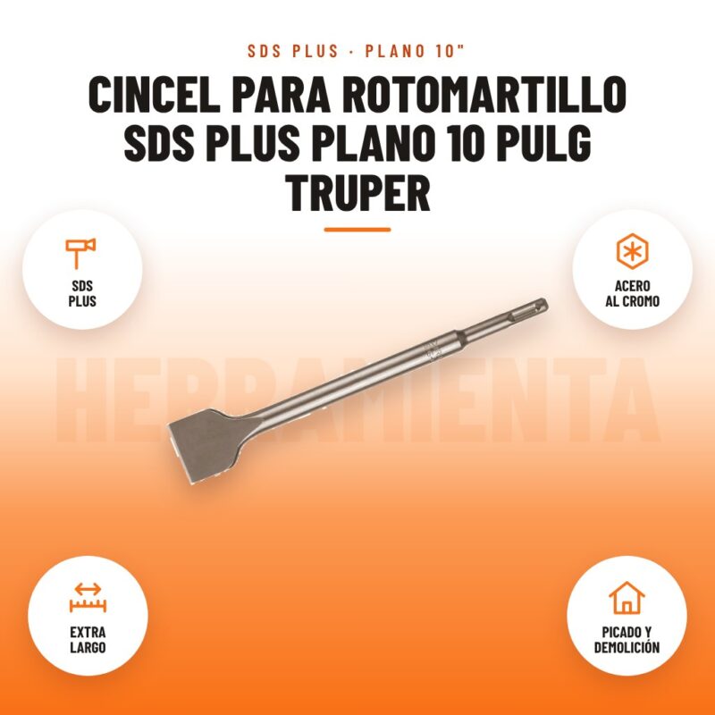 Cincel para rotomartillo SDS Plus plano 10 pulg Truper: imagen promocional con sds plus, acero al cromo, extra largo, picado y demolición