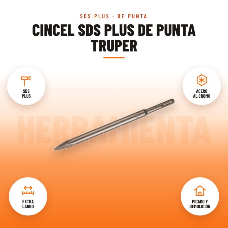 Cincel SDS Plus de Punta Truper: imagen promocional con sds plus, acero al cromo, extra largo, picado y demolición