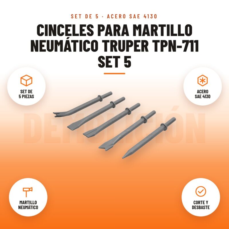 Cinceles para Martillo Neumático Truper TPN-711 Set 5: imagen promocional con set de 5 piezas, acero sae 4130, martillo neumático, corte y desbaste