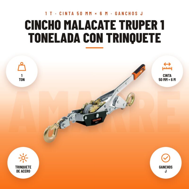 Cincho Malacate Truper 1 Tonelada con Trinquete: imagen promocional con 1 ton, cinta 50 mm × 6 m, trinquete de acero, ganchos j