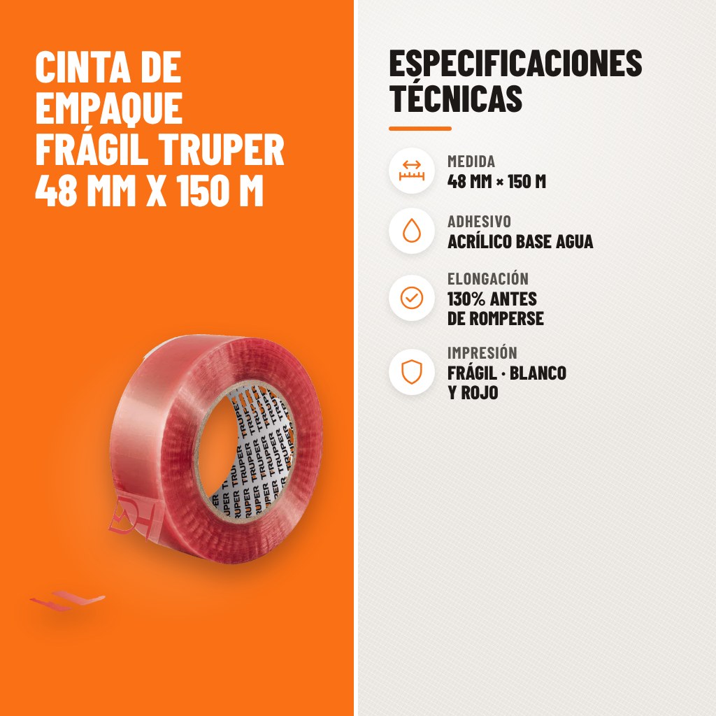 Especificaciones técnicas de Cinta de Empaque Frágil Truper 48 mm x 150 m