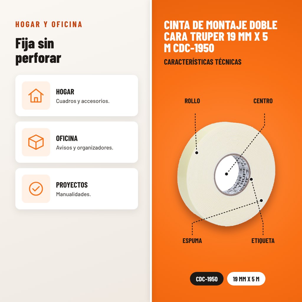 Cinta de Montaje Doble Cara Truper 19 mm x 5 m CDC-1950: usos y características técnicas señaladas