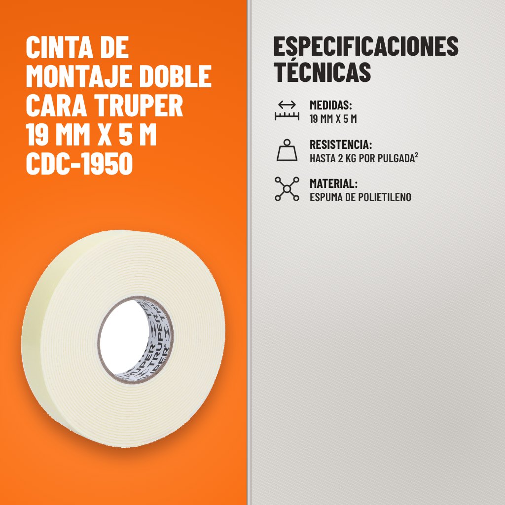 Especificaciones técnicas de Cinta de Montaje Doble Cara Truper 19 mm x 5 m CDC-1950