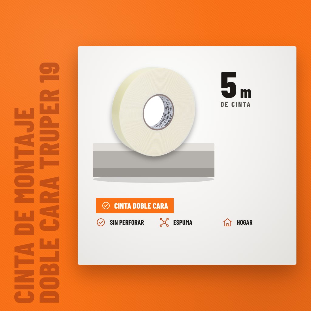Cinta de Montaje Doble Cara Truper 19 mm x 5 m CDC-1950 sobre soporte con sus beneficios principales