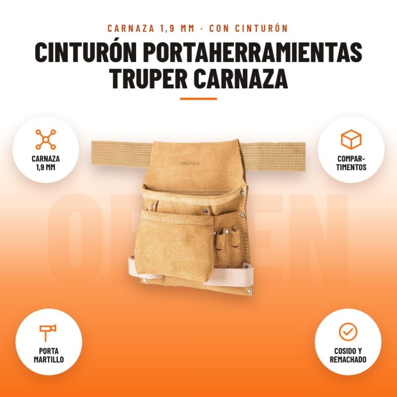 Cinturón Portaherramientas Truper Carnaza: imagen promocional con carnaza 1,9 mm, compar- timentos, porta martillo, cosido y remachado