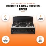 Cocineta a Gas 4 Puestos Haceb: imagen promocional con 4 puestos, encendido automático, quemadores sellados, diseño compacto