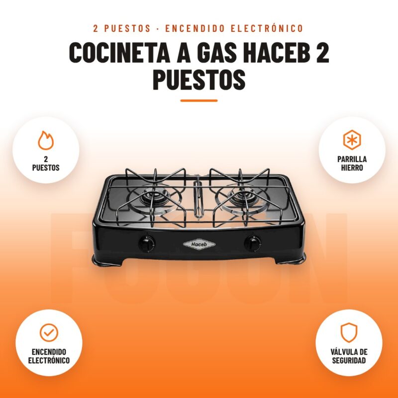 Cocineta a Gas Haceb 2 Puestos: imagen promocional con 2 puestos, parrilla hierro, encendido electrónico, válvula de seguridad