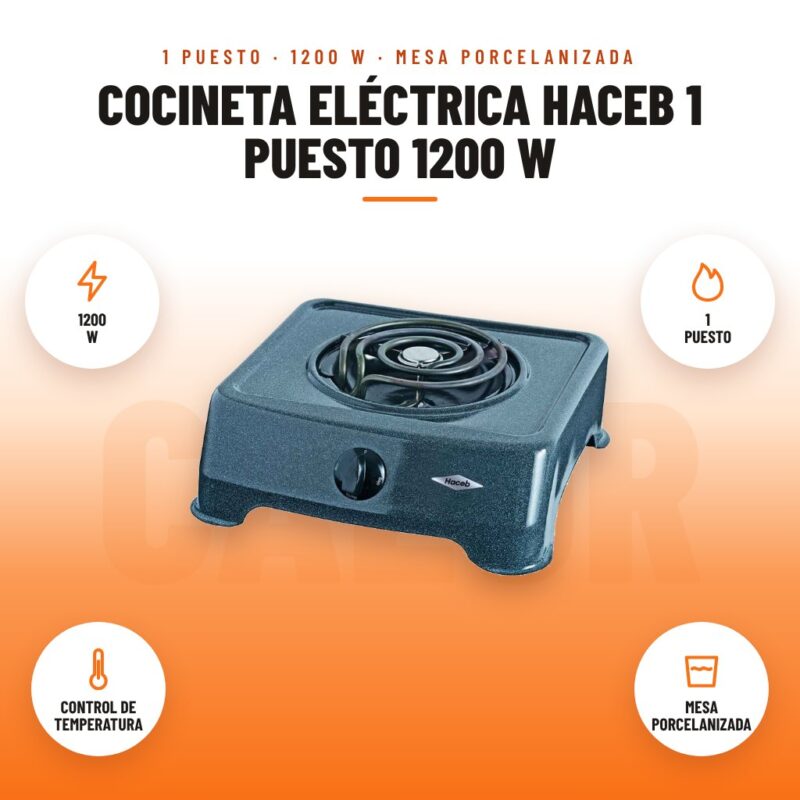 Cocineta Eléctrica Haceb 1 Puesto 1200 W: imagen promocional con 1200 w, 1 puesto, control de temperatura, mesa porcelanizada