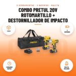Combo Pretul 20V Rotomartillo + Destornillador de Impacto: imagen promocional con 2 en 1, 2 baterías, cargador rápido, maleta incluida