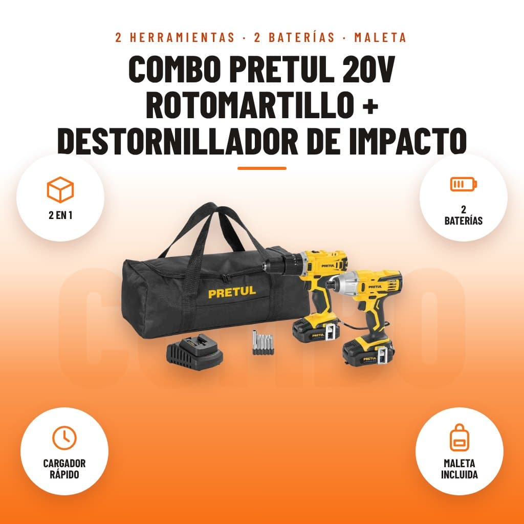 Combo Pretul 20V Rotomartillo + Destornillador de Impacto: imagen promocional con 2 en 1, 2 baterías, cargador rápido, maleta incluida