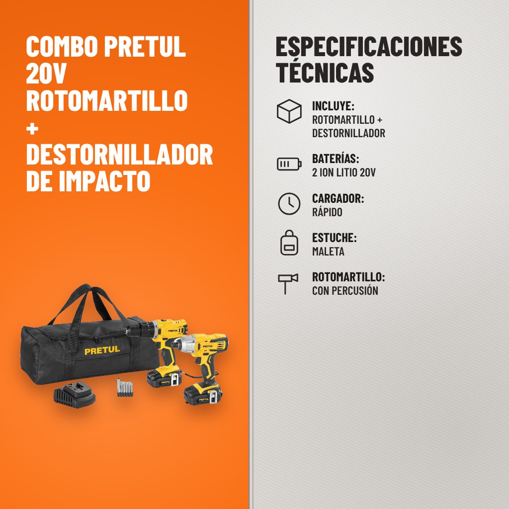 Especificaciones técnicas de Combo Pretul 20V Rotomartillo + Destornillador de Impacto