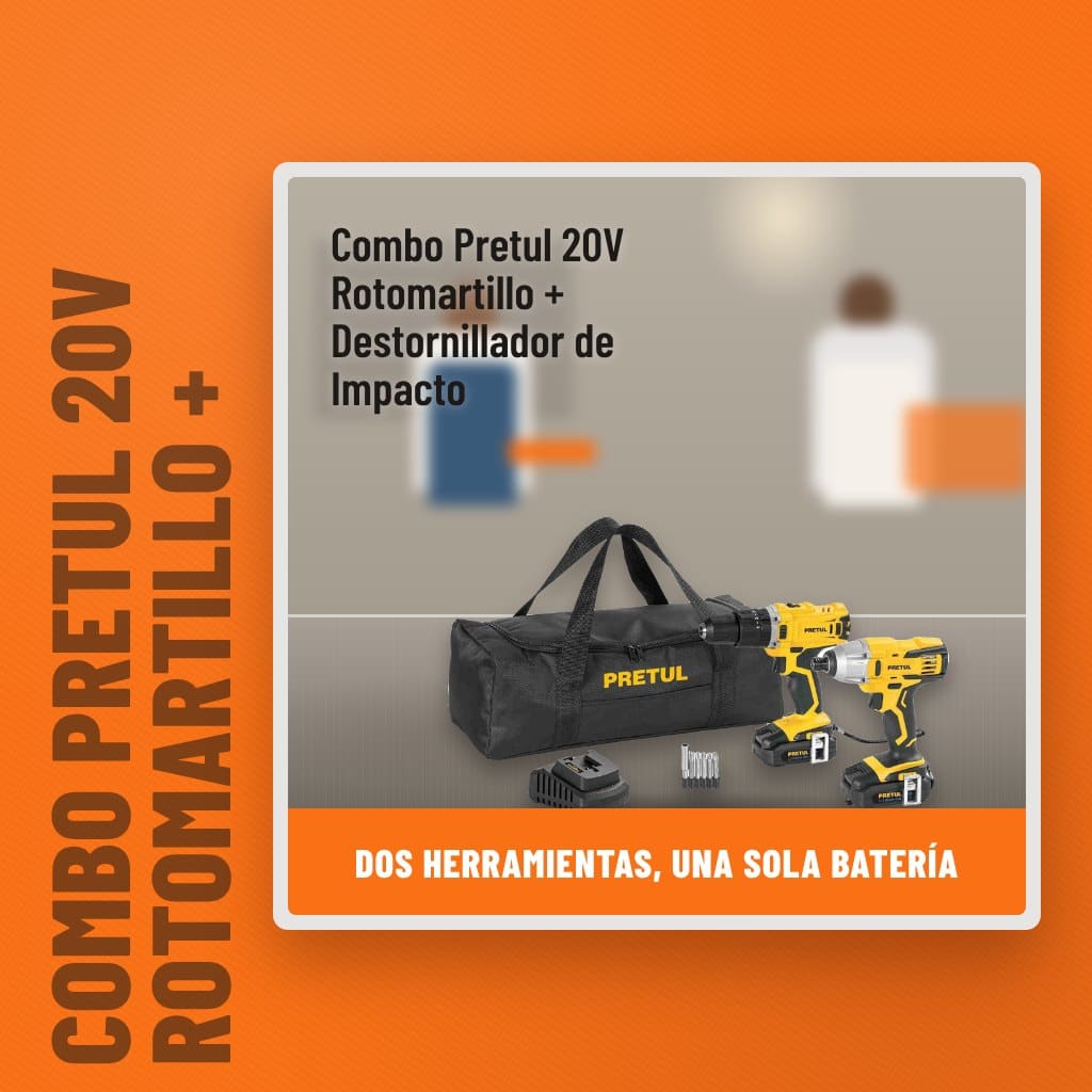 Combo Pretul 20V Rotomartillo + Destornillador de Impacto en una obra con un profesional al fondo