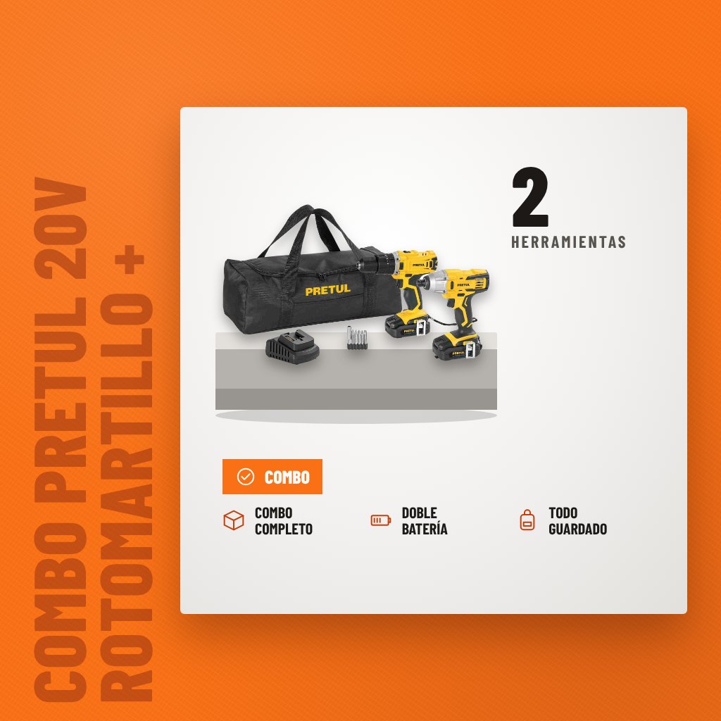 Combo Pretul 20V Rotomartillo + Destornillador de Impacto sobre soporte con sus beneficios principales