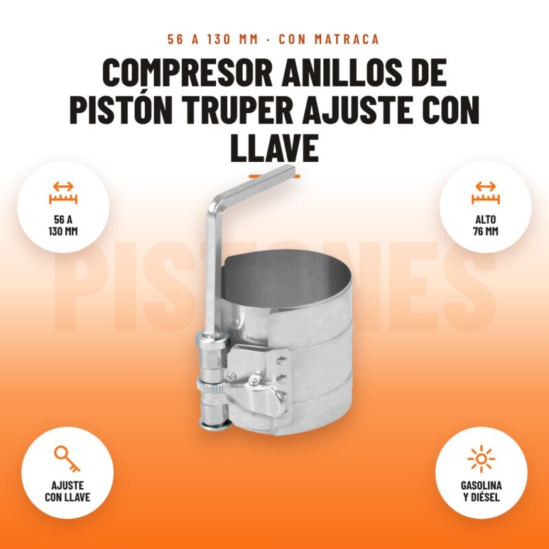Compresor Anillos de Pistón Truper Ajuste con Llave: imagen promocional con 56 a 130 mm, alto 76 mm, ajuste con llave, gasolina y diésel