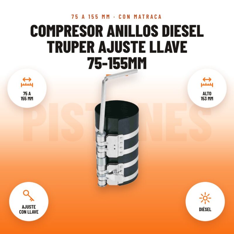 Compresor Anillos Diesel Truper Ajuste Llave 75-155mm: imagen promocional con 75 a 155 mm, alto 153 mm, ajuste con llave, diésel