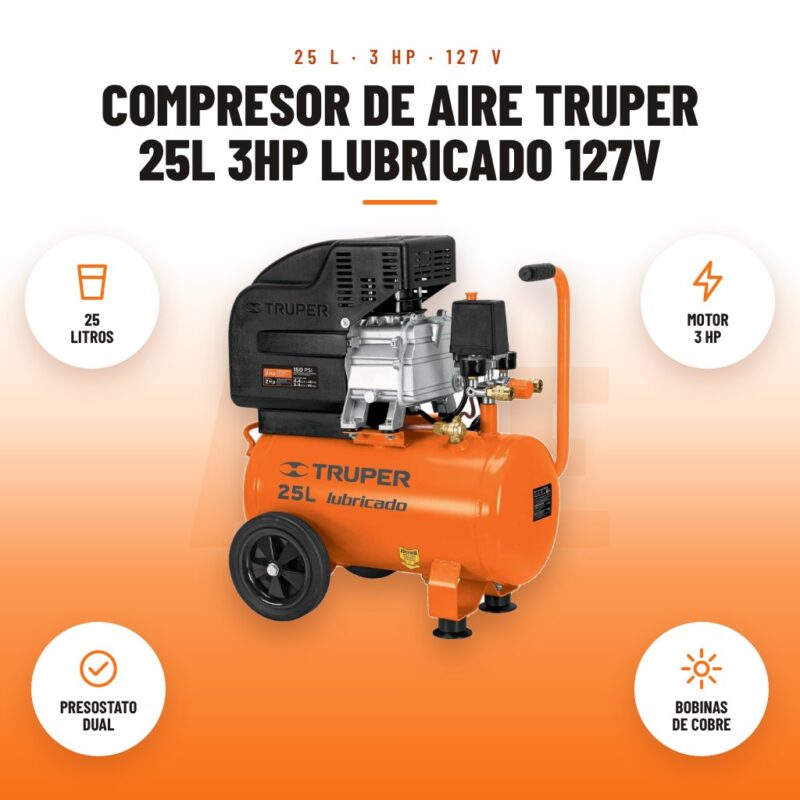 Compresor de Aire Truper 25L 3HP Lubricado 127V: imagen promocional con 25 litros, motor 3 hp, presostato dual, bobinas de cobre