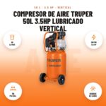 Compresor de Aire Truper 50L 3.5HP Lubricado Vertical: imagen promocional con 50 litros, motor 3.5 hp, 116 psi máx., bobinas de cobre
