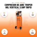 Compresor de Aire Truper 80L Vertical 3.5HP 116PSI: imagen promocional con 80 litros, motor 3.5 hp, 116 psi máx., bobinas de cobre