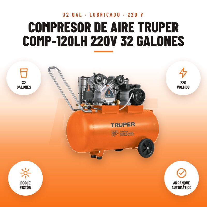 Compresor de Aire Truper COMP-120LH 220V 32 Galones: imagen promocional con 32 galones, 220 voltios, doble pistón, arranque automático