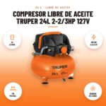 Compresor Libre de Aceite Truper 24L 2-2/3HP 127V: imagen promocional con 24 litros, motor 2-2/3 hp, 135 psi máx., bobinas de cobre