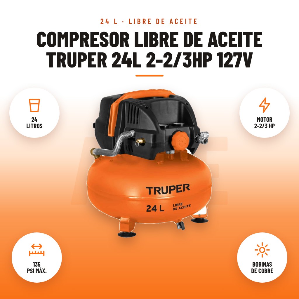 Compresor Libre de Aceite Truper 24L 2-2/3HP 127V: imagen promocional con 24 litros, motor 2-2/3 hp, 135 psi máx., bobinas de cobre