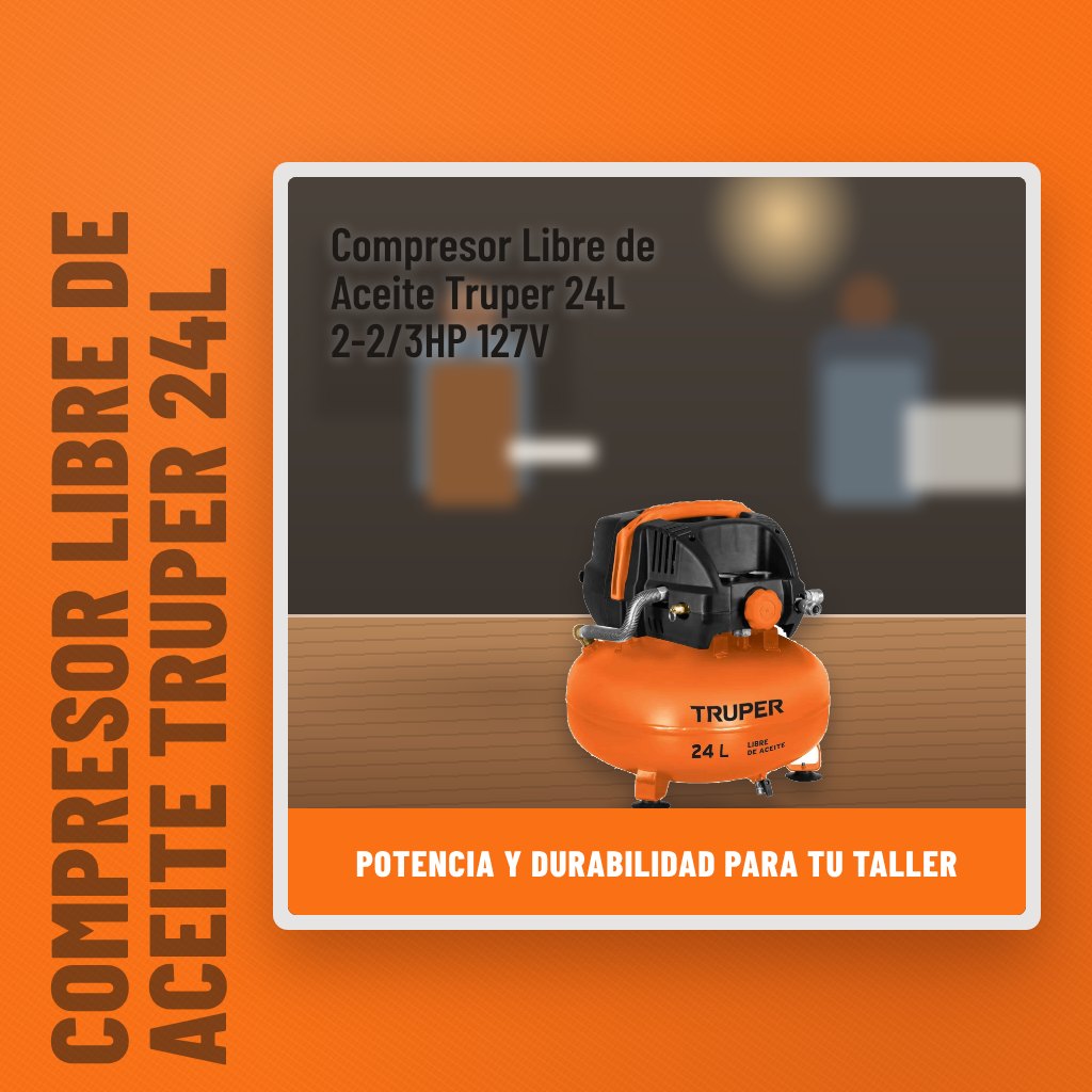 Compresor Libre de Aceite Truper 24L 2-2/3HP 127V en un taller con un profesional al fondo