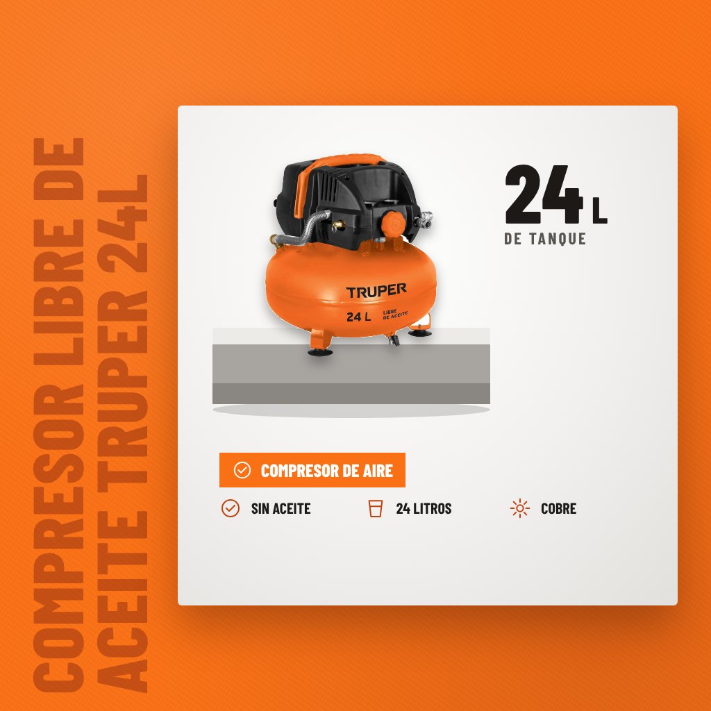Compresor Libre de Aceite Truper 24L 2-2/3HP 127V sobre soporte con sus beneficios principales