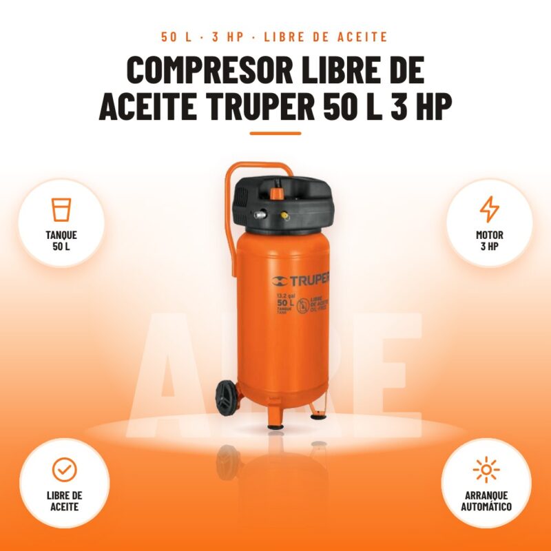 Compresor Libre de Aceite Truper 50 L 3 HP: imagen promocional con tanque 50 l, motor 3 hp, libre de aceite, arranque automático