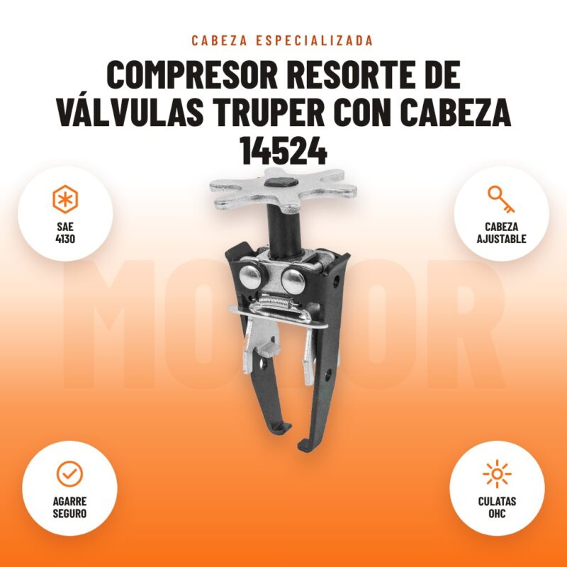 Compresor Resorte de Válvulas Truper con Cabeza 14524: imagen promocional con sae 4130, cabeza ajustable, agarre seguro, culatas ohc