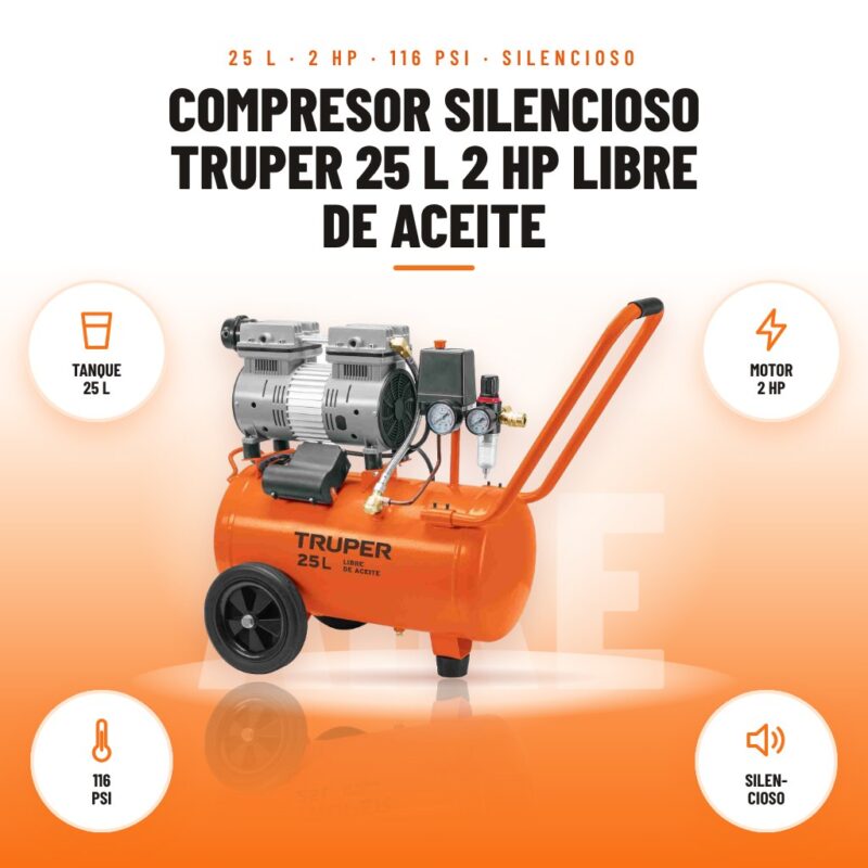 Compresor Silencioso Truper 25 L 2 HP Libre de Aceite: imagen promocional con tanque 25 l, motor 2 hp, 116 psi, silen- cioso
