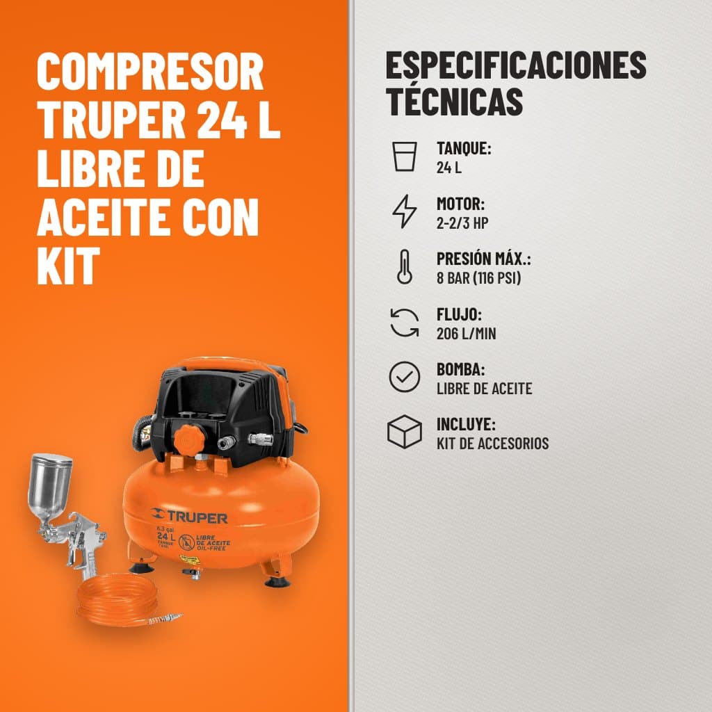 Especificaciones técnicas de Compresor Truper 24 L Libre de Aceite con Kit