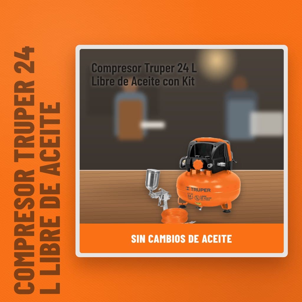 Compresor Truper 24 L Libre de Aceite con Kit en un taller con un profesional al fondo