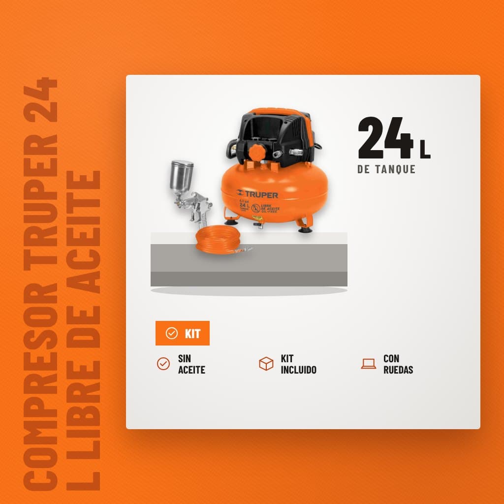 Compresor Truper 24 L Libre de Aceite con Kit sobre soporte con sus beneficios principales