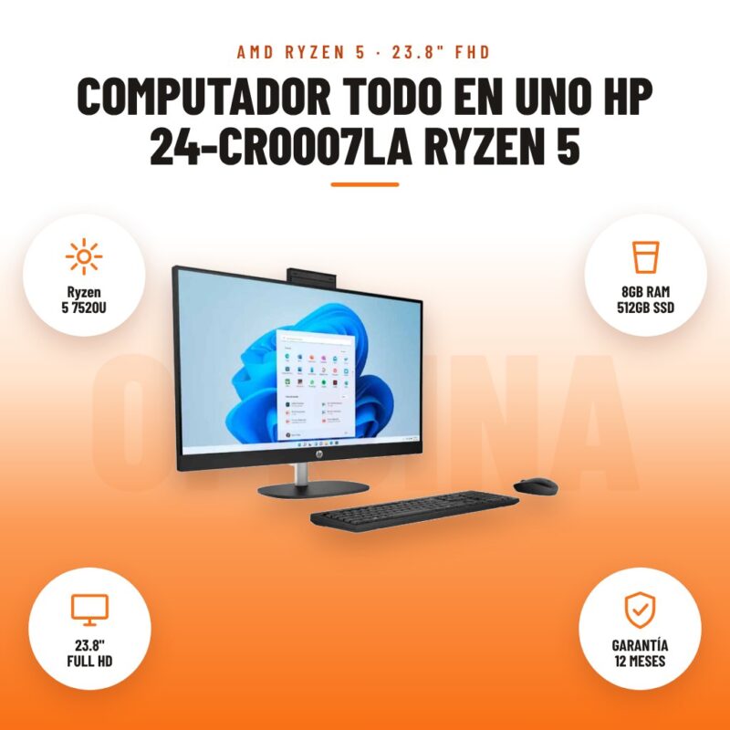 Computador Todo en Uno HP 24-CR0007LA Ryzen 5: imagen promocional con ryzen 5 7520u, 8gb ram 512gb ssd, 23.8" full hd, garantía 12 meses